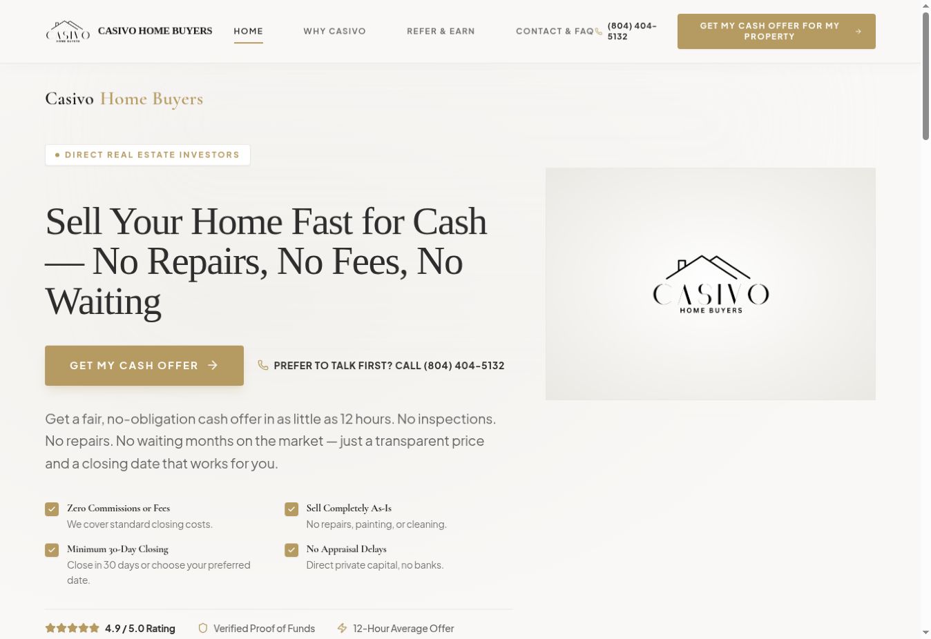 Casivo Home Buyers website on desktop