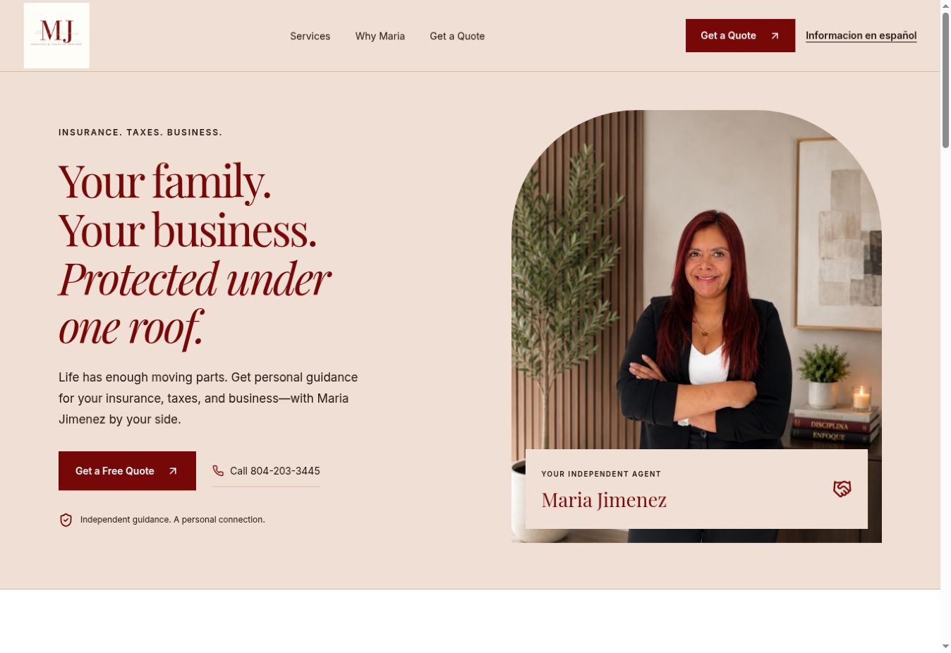 MJ Insurance & Financial Services website on desktop